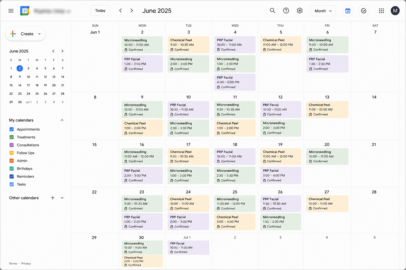Google Calendar month view for June 2025 showing microneedling, PRP facial and chemical peel appointments