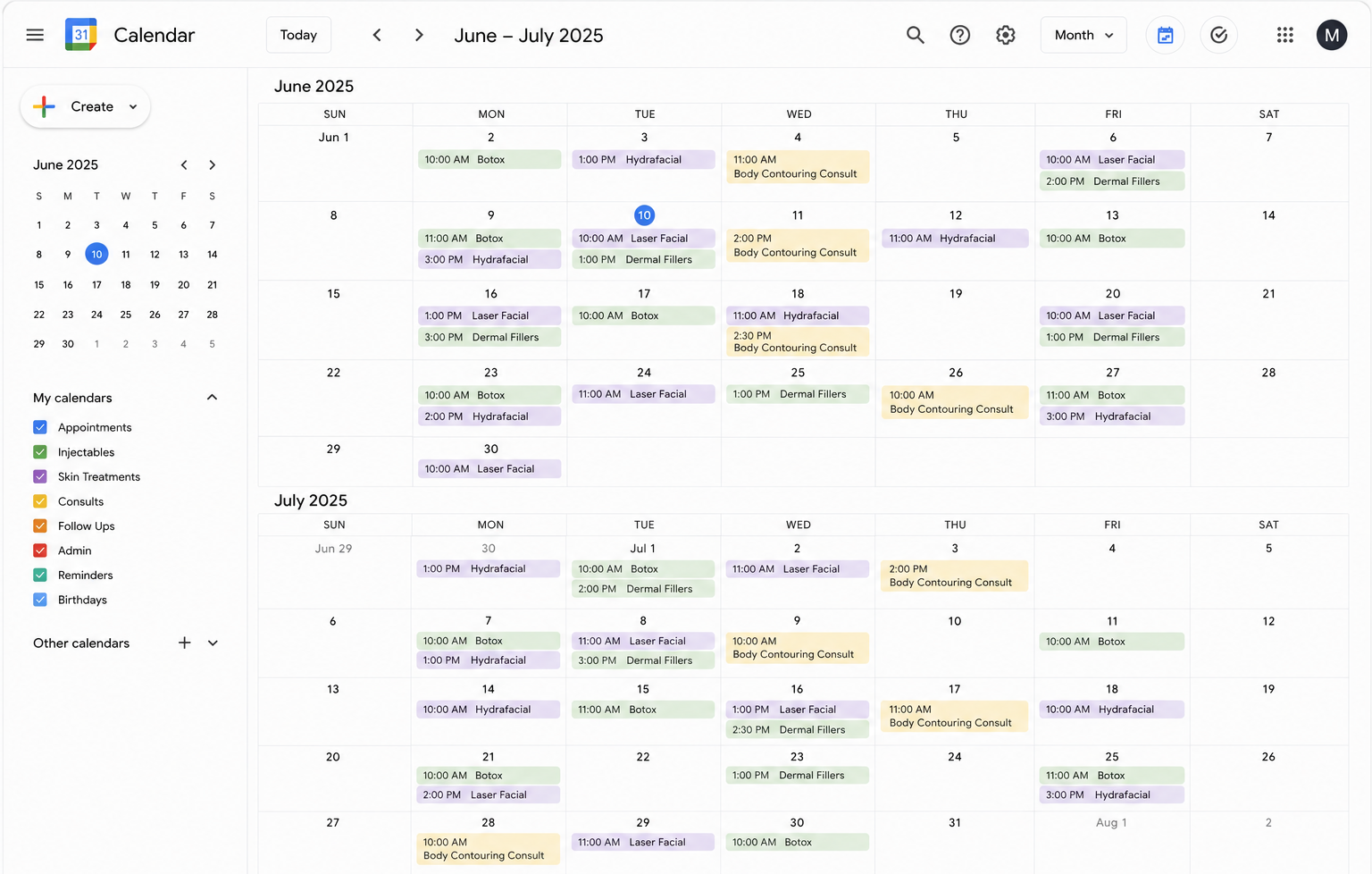 Google Calendar showing June and July 2025 with Botox, dermal filler, laser facial, HydraFacial and body contouring appointments