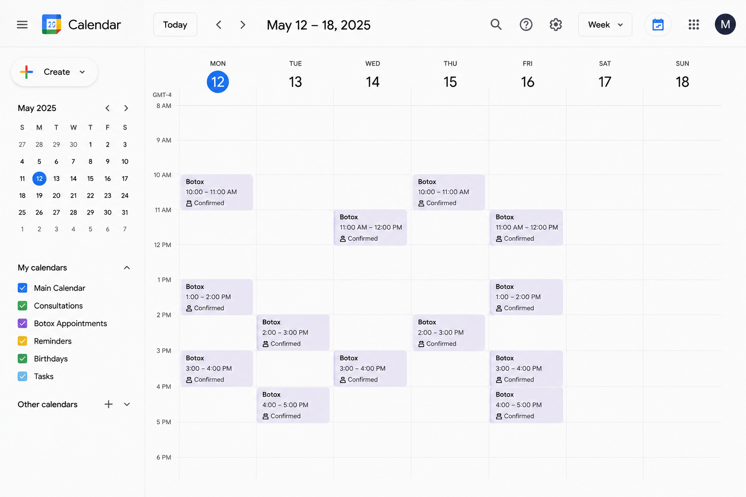 Google Calendar week view for May 12 to 18, 2025 showing confirmed Botox appointments