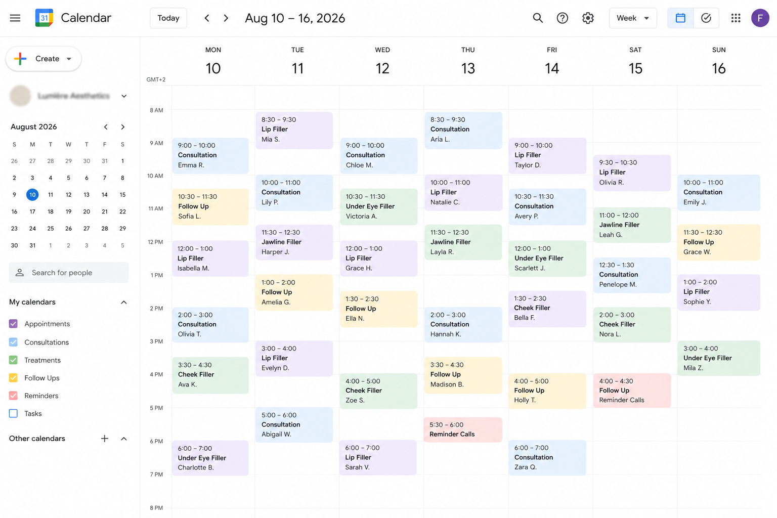 Clinic calendar with confirmed appointments