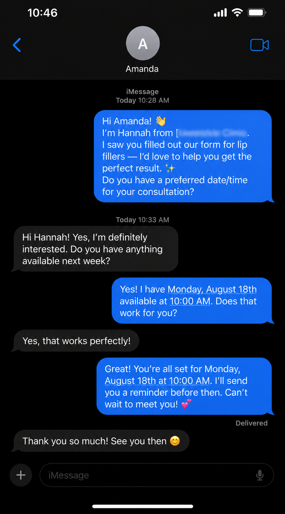 Message conversation started minutes after an enquiry