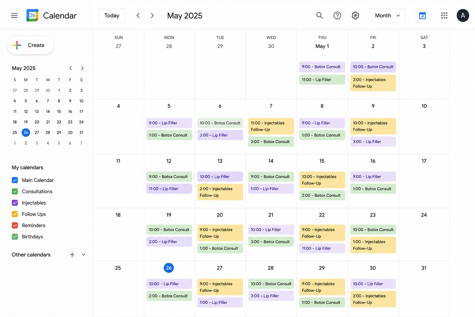 Google Calendar month view for May 2025 showing Botox consults, lip filler and injectables follow-up appointments